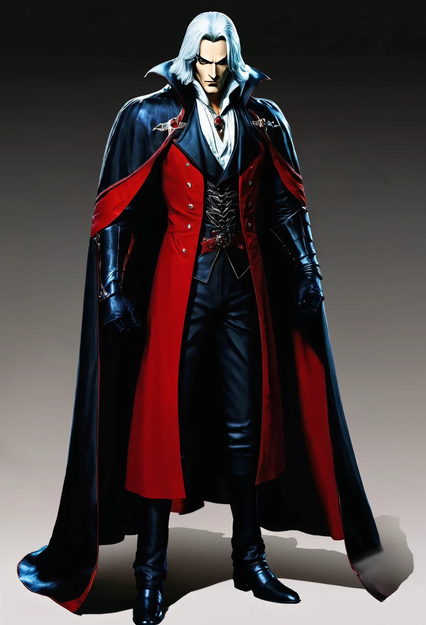 Alucard is an iconic character in the video game series "Castlevania" de Konami. The name is investment "Dracula". In the series, Alucard es el hijo de Dracula y un cazador de vampiros. His appearance is normal、He is a tall, thin man。, Having white or silvery hair, Wearing dark clothing and a long cloak. He is a powerful character, Agile and cunning, Able to use magic and supernatural combat abilities. Throughout the series, Alucard lucha tanto contra su herencia vampírica como contra su destino como hijo de Dracula, Save yourself、Trying to protect humanity from the forces of evil.