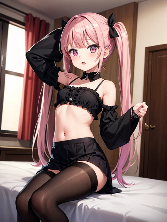 highest quality、In a dark room、bedroom、10th Generation、One girl、Pink Hair、Twin tails、bangs、Confused eyes、Double teeth、Black clotheoe sleeves、Exposing shoulders、Belly button、Black Mini Skirt、Black Pantyhose
