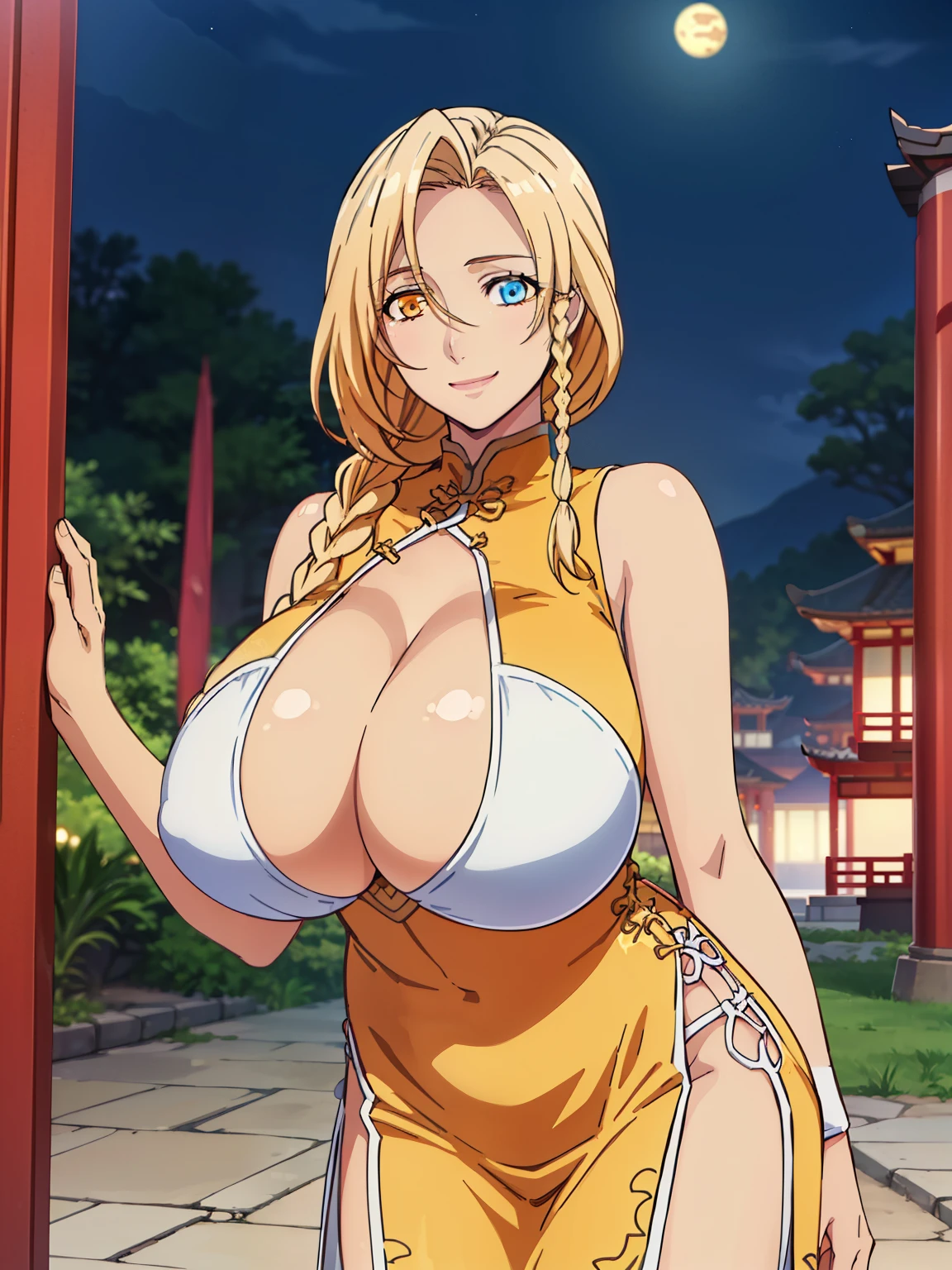 sarielx, pink chinese dress , cleavage cutout, (night outdoor chinese temple background), anime cels style, best quality, high resolution, 1girl, (huge breasts:1.2), beautiful face, cowboy shot, heterochromia, braided ponytail, braided bangs, smiling, looking at viewer, god rays