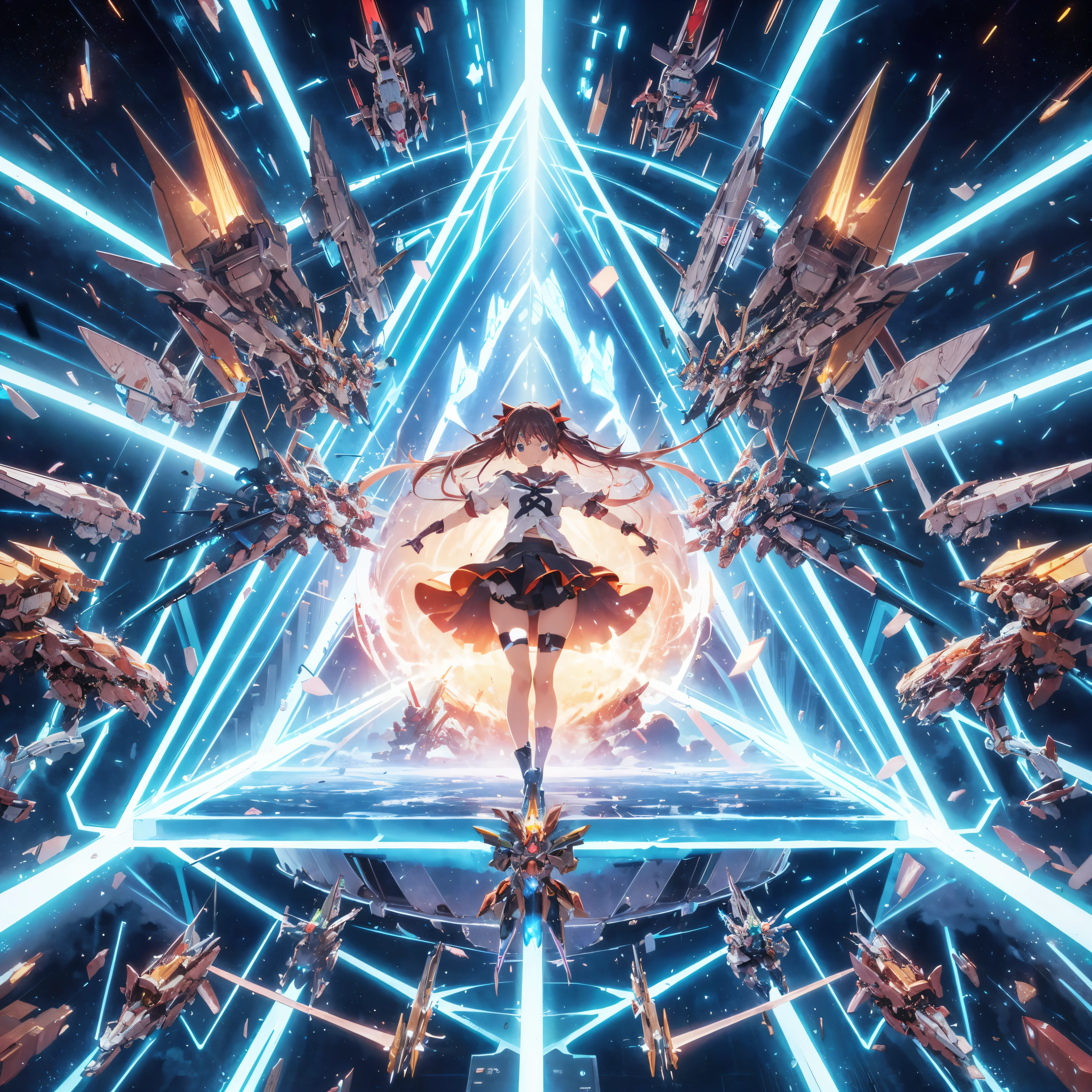Anime style illustration of a girl surrounded by a triangular pyramid-shaped beam shield the color of the beam shield is red　in aerial beam sword action. Made by FuturEvoLab, (X-ray style: 1.5), Detailed explanation, (Mecha flare type skirt: 1.5), This is a scene where a girl captures her movements. Aerial battles and performances that are dynamically composed of movement and intensity.  futuristic mecha, extradimensional cyberpunk, glowing core reactor, etheric energy field,