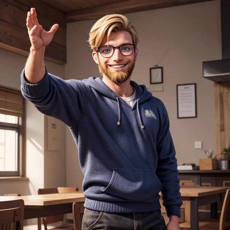 Desenhe um homem nerd usando uma roupa de moletom cinza. He has rounded glasses, cabelo curto, he should be blond with blue eyes and a beard. He is smiling and has his arm outstretched, convidando as pessoas com entusiasmo. The design should convey a sense of inspiration and motivation