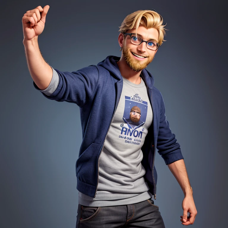Desenhe um homem nerd usando uma roupa de moletom cinza. He has rounded glasses, cabelo curto, he should be blond with blue eyes and a beard. He is smiling and has his arm outstretched, convidando as pessoas com entusiasmo. The design should convey a sense of inspiration and motivation