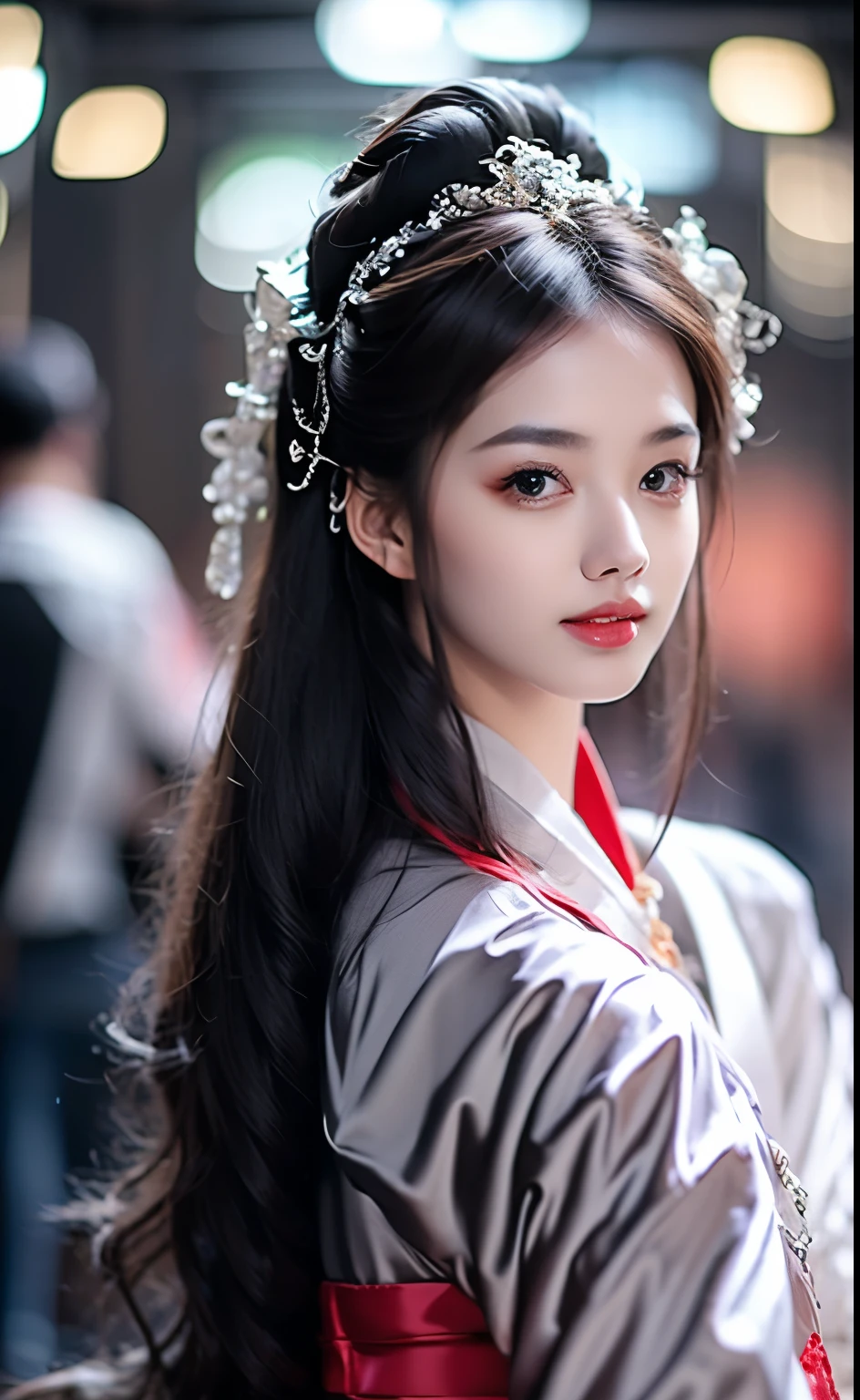 ((best quality, 8K, masterpiece: 1.3)), Key Points: 1.2, perfect body beautiful: 1.4, Hips: 1.2, ((Layered Hairstyle)), (Wet clothes: 1.1), (rain, street:1.3), (breast: 1.2), (hanfu: 1.2), Bare shoulders, Bare legs, Highly detailed face and skin textures, Fine Eyes, Double eyelids, Whitening of the skin, Long hair, (shut up: 1.5), (Bokeh background: 1.5), Big breast
