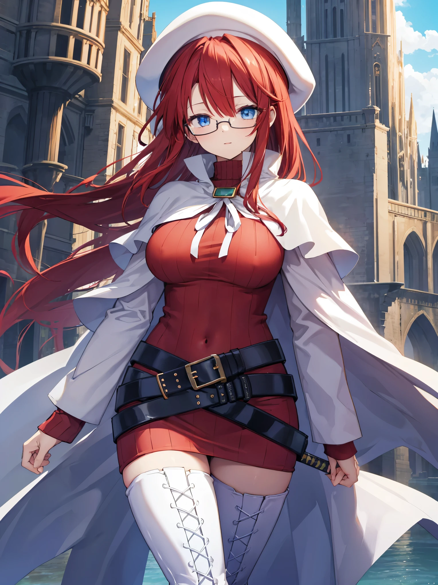 summonnightaty, aty, long hair, blue eyes, red hair, beret, hat, glasses,
BREAK long hair, thighhighs, hat, dress, boots, glasses, belt, cape, sweater, zettai ryouiki, beret, thigh boots, white footwear, ribbed sweater, loose belt,solo,
BREAK outdoors, fantasy,on_a_ship,
BREAK (masterpiece:1.2), best quality, high resolution, unity 8k wallpaper, (illustration:0.8), (beautiful detailed eyes:1.6), extremely detailed face, perfect lighting, extremely detailed CG, (perfect hands, perfect anatomy),covered_nipples,covered_navel,light_smile ,(half_eyes:1.4),long_sword,edge,armpit,sleepy,dynamic_standing,red_sweater,apart_legs,magical_effect,pulmp,big_tits,light_open_mouth,prepare_a_sword