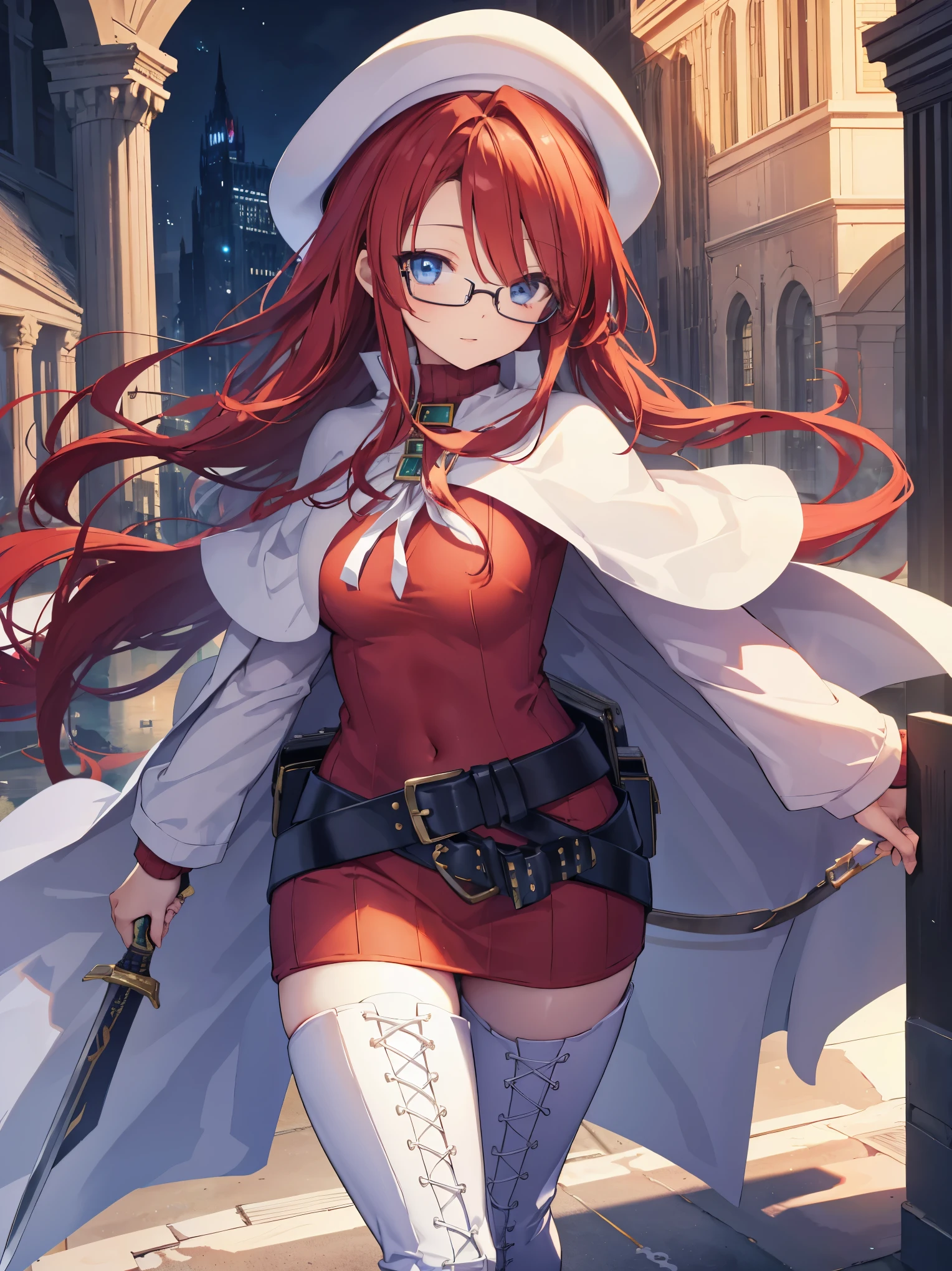 summonnightaty, aty, long hair, blue eyes, red hair, beret, hat, glasses,
BREAK long hair, thighhighs, hat, dress, boots, glasses, belt, cape, sweater, zettai ryouiki, beret, thigh boots, white footwear, ribbed sweater, loose belt,solo,
BREAK outdoors, fantasy,on_a_ship,
BREAK (masterpiece:1.2), best quality, high resolution, unity 8k wallpaper, (illustration:0.8), (beautiful detailed eyes:1.6), extremely detailed face, perfect lighting, extremely detailed CG, (perfect hands, perfect anatomy),covered_nipples,covered_navel,light_smile ,(half_eyes:1.4),long_sword,edge,armpit,sleepy,dynamic_standing,red_sweater,apart_legs,magical_effect,pulmp,big_tits,light_open_mouth,prepare_a_sword