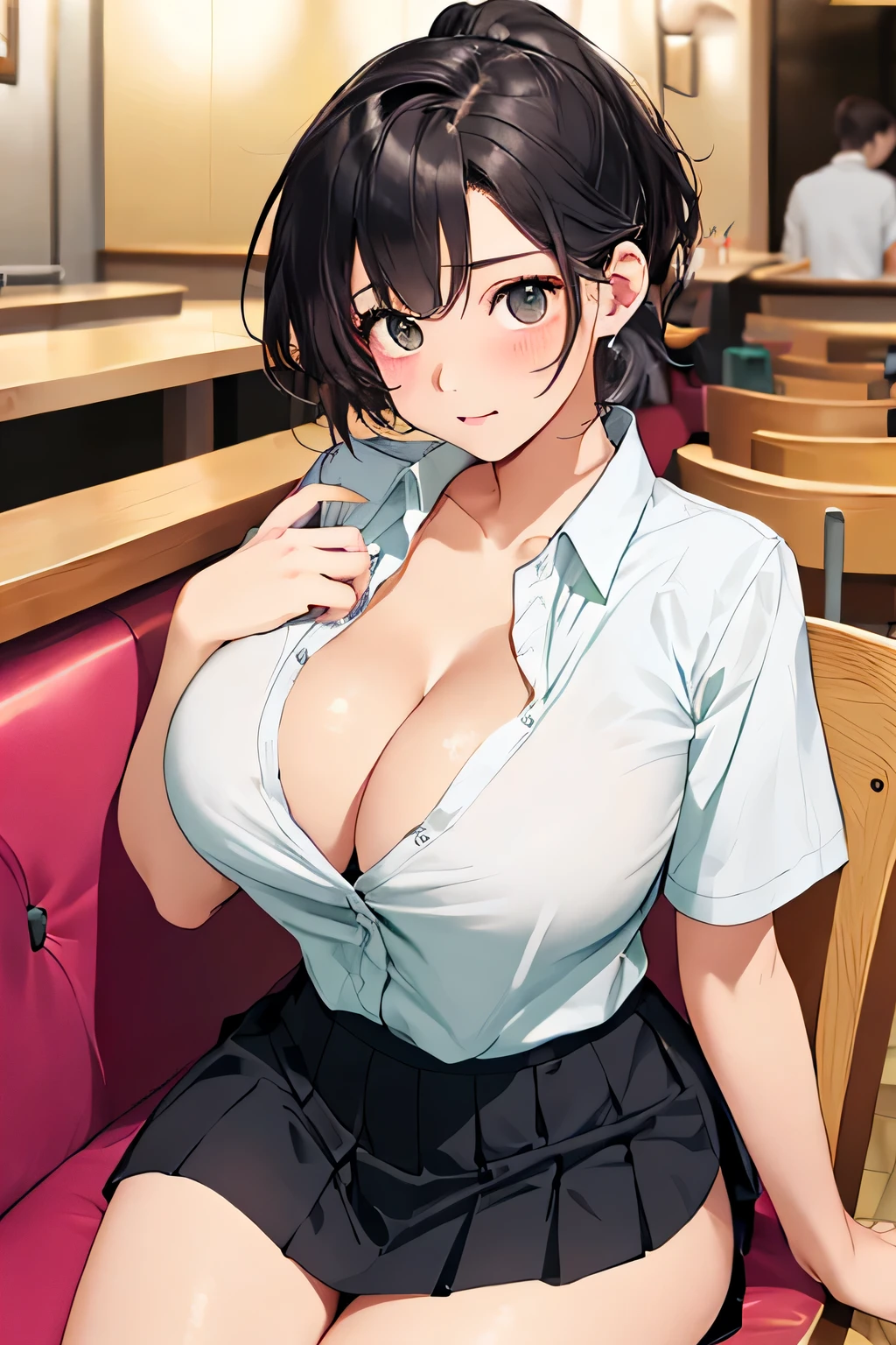 (highest quality:1.4)、(High resolution)、Detailed Background、(Beautiful face in every detail:1.4)、Anatomically correct、(Draw the usual number of fingers:1.2)、(Detailed facial expressions)、Beautiful, smooth skin、age Girl、(Huge breasts:1.4)、Bright inner color hair、Black Hair、Bobcut、ponytail、Realistic、Perfect body line、Sitting in a chair at a family restaurant、Accentuate your breasts、Accentuate your cleavage、Show off your attractive armpits、Attractive big ass、attractive thick thighs、Absolute area、Charming atmosphere、Excited、Blushing、My shirt is about to be buttoned off.、The buttons on my shirt are so pulled they're about to come off、looking at me with a shy expression、Short sleeve shirt、Cowboy Shot、
(A beautiful girl whose short sleeve shirt is too small and the buttons on her chest are about to come off, causing her breasts to spill out.:1.5)、
Choose a short shirt blouse that is slightly smaller in length, such as pink or mint green.、
Pair it with a pleated or flared mini skirt.、
The tulle mini skirt is also cute.、Colorful ribbons、
Complete your look with Oxford shoes、cute