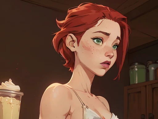 (((2 characters))), ((1guy, jon, a young guy in his 30s with asymmetric very short brown hair, green eyes, a flat nose, smooth skin, slim athletic body)), ((1girl, jennifer lawrence, 1girl, red haired chubby pale girl, green eyes, freckles, half asymetric red hair, cute, nude, small height, stain lipstick, long eyelashes, primer, cream eyeline, ((small breasts)), cute, beautiful, realistic style, highly detailed, 4k)), (((portrait close-up))), (((extremely exaggerated angry expression, profile perspective)))