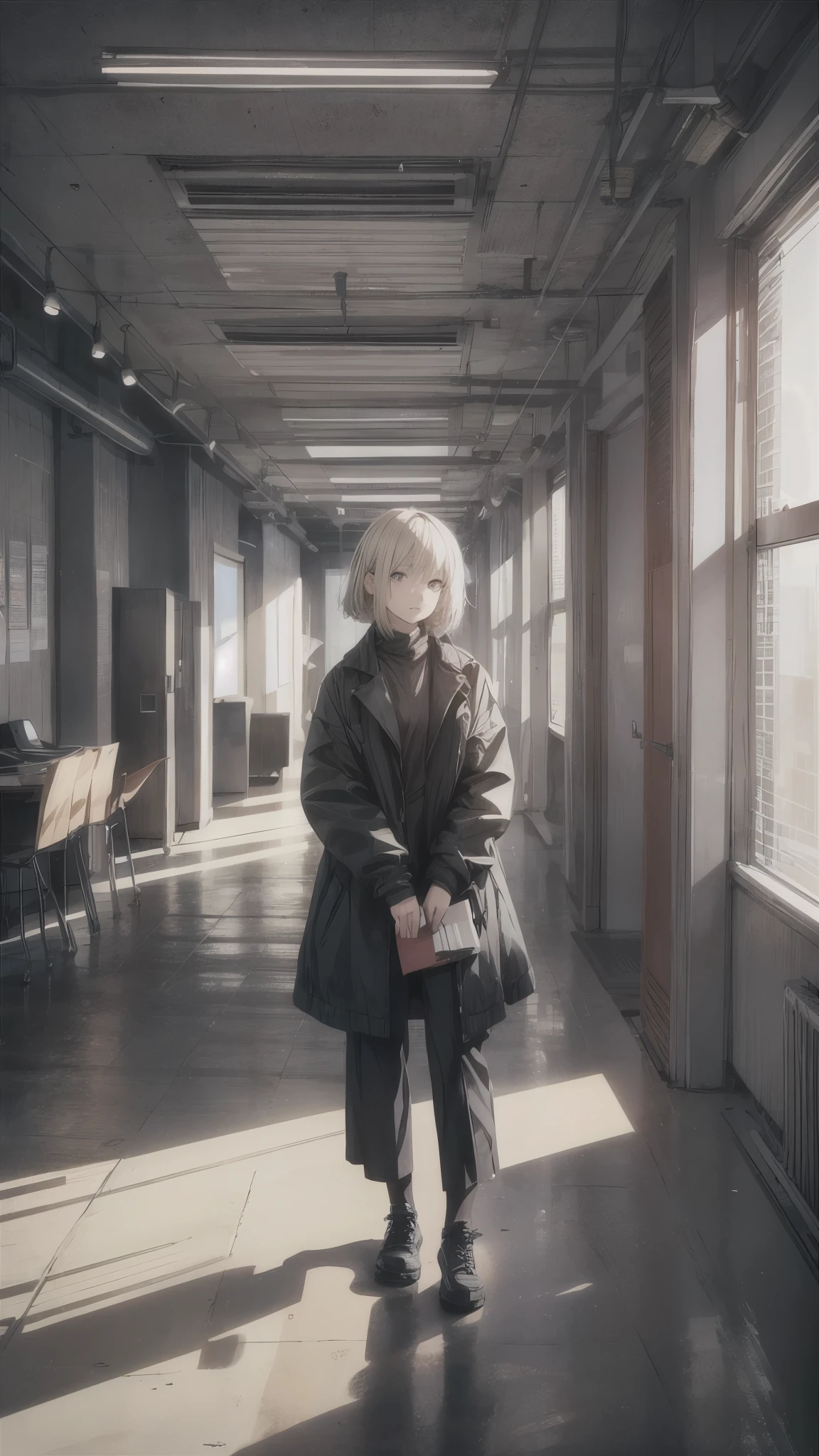 A girl standing alone on a empty office,there is nobody in the office,A girl in her 20s with short blonde hair