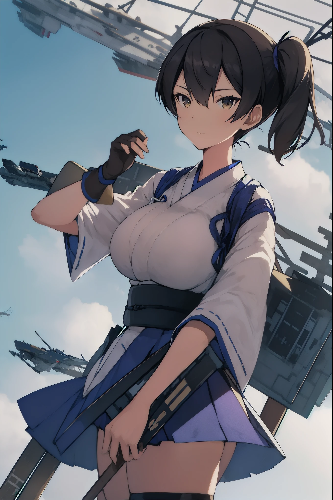 Kaga(Fleet Collection),highest quality, masterpiece, High resolution,kimono,blue skirt,side ponytail,big_breasts,