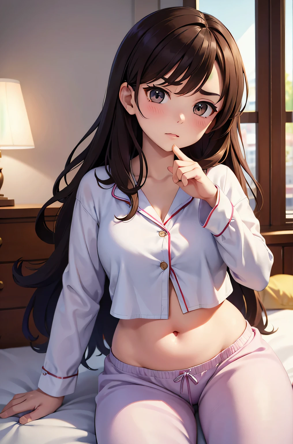 super fine illustration, vibrant colors, masterpiece, sharp focus, best quality, depth of field, cinematic lighting, ultra detailed, sleeves, crop top, pajamas, button up, pajama pants, drawstring, belly button, wide hips, 1 woman, home, solo, milf, very messy hair, brown hair, long hair, slender, blush, room, indoors, annoyed, v-shaped eyebrows, Adultification, mature female, tall woman, lying on side