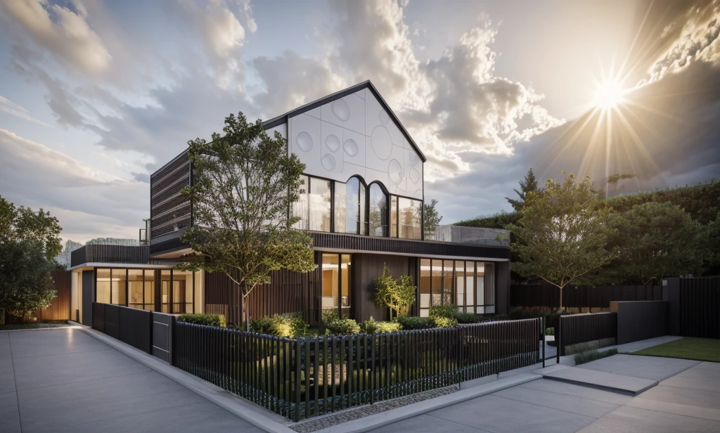 the exterior of the house; garden landscape, a pool with clear water, daytime, realistic, wide angle, (( render vray )), cloudy sky, morning, sunlight, European plants, render, spring light, detailed, modern style, clear image, glasses, high reflection, RAW photo, (high detailed skin:1.2), 8k UHD, DSLR, soft lighting, high quality, film grain, Fujifilm XT3