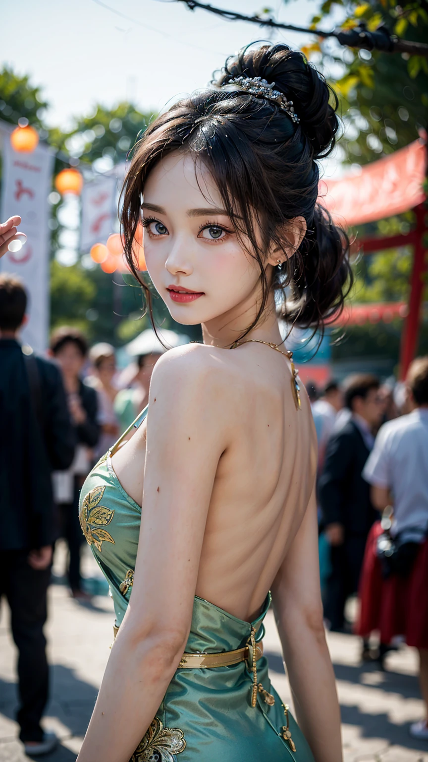 Cinematic lighting,(((masterpiece))), ((best quality)), ((intricate and detailed)), ((Ultra-realistic realism)), 4K, 1 beautiful woman, 17-years old, ponytail, Ultra-fine Chinese traditional dress, Ao dai, beautiful behavior, Beautiful brown eyes, perfect face, slender, large full breasts, silky smooth skin, depth of field, bokeh, having a good time, Graphic illustration, see fishes swimming, amazing depth, Cutest, a summer festival, (The background is the summer festival of the shrine:1.4), Silver hair, split ponytail, star-shaped pupils, conceptual art, Art Nouveau, Glowing light, nsfw, Textured skin, masterpiece, Anatomically correct, Best Quality, 8K, A smile with the corners of the mouth raised