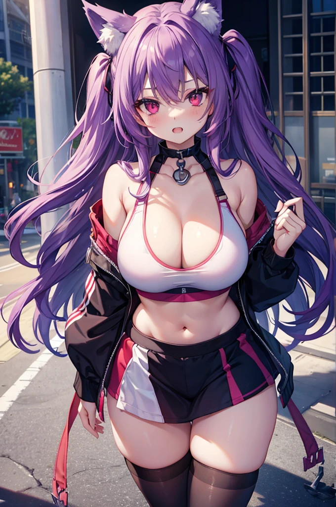 Fox Girl, Large Breasts, Voluminous purple hair, masterpiece , Red eyes, hd, Thick thighs, Head to Chest, buried in my chest、Underboob、Double teeth、tooth、Sports Bra、Knee socks