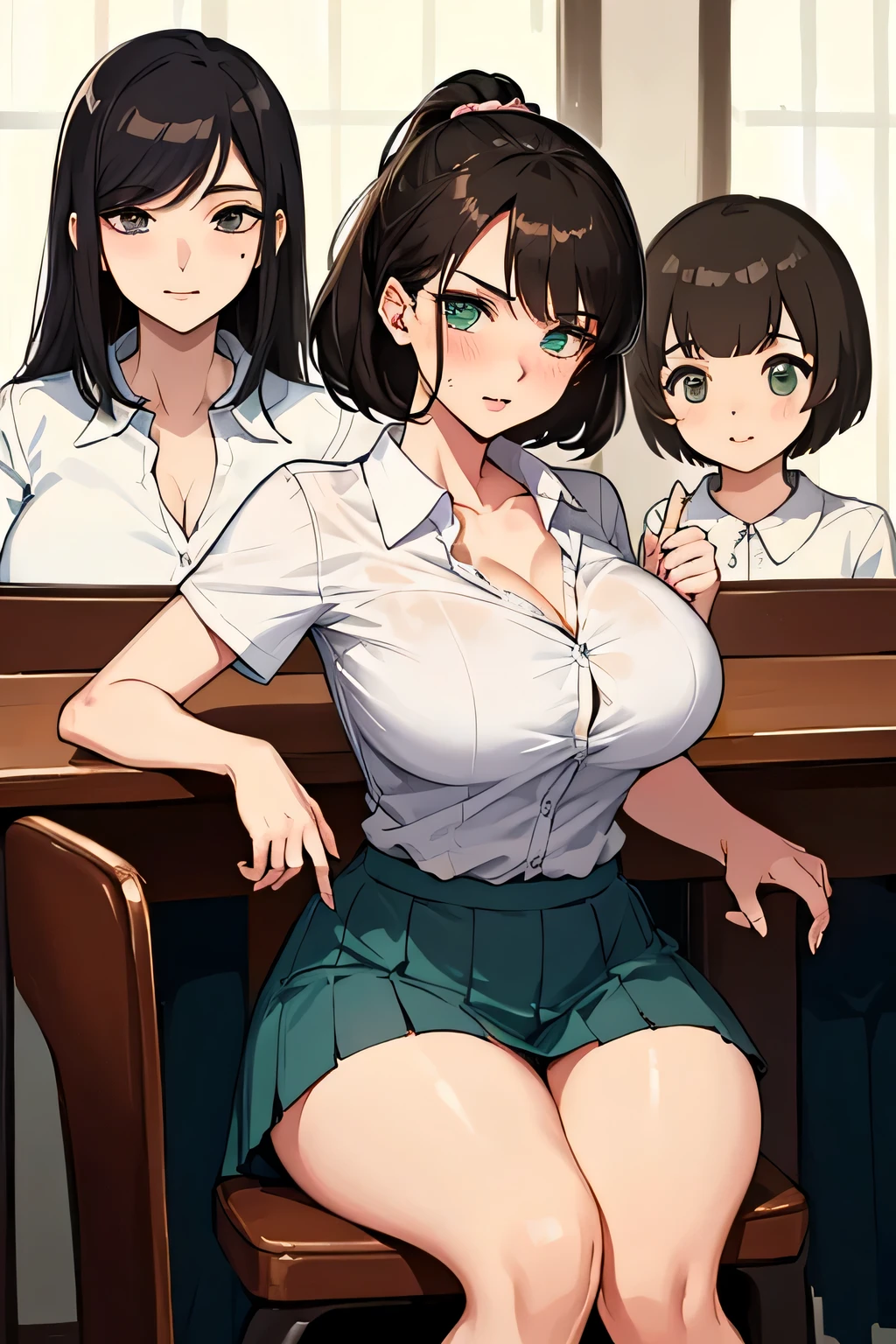 (highest quality:1.4)、(High resolution)、Detailed Background、(Beautiful face in every detail:1.4)、Anatomically correct、(Draw the usual number of fingers:1.2)、(Detailed facial expressions)、Beautiful, smooth skin、 Girl、(Huge breasts:1.3)、brown hair、Black Hair、Bobcut、ponytail、Realistic、Perfect body line、Sitting in a chair at a family restaurant、Accentuate your cleavage、Show off your attractive armpits、Attractive big ass、attractive thick thighs、Blushing、My shirt is about to be buttoned off.、Sexual expressions、Short sleeve shirt、Cowboy Shot、He looks at me a little angry、
(A beautiful girl whose breasts are about to burst out of her shirt:1.5)、

Choose a short shirt blouse that is slightly smaller in length, such as pink or mint green.、
Pair it with a pleated or flared mini skirt.、
The tulle mini skirt is also cute.、Colorful ribbons、cute