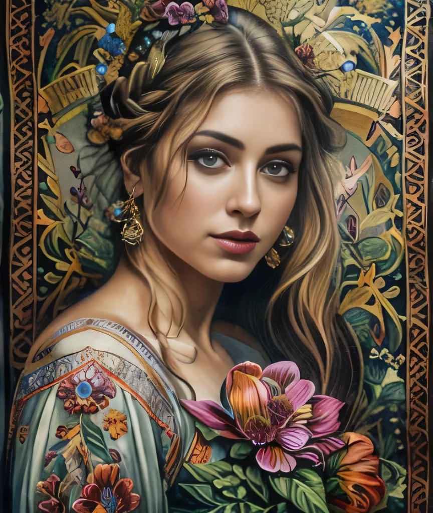 Masterpiece, upper body portrait, girl, tattoos, flowers, middle ages, traditional clothing, classicism, andrey atroshenko style, painting, traditional media, realistic, figurative, fine art, oil on canvas, HDR, 8K, original character, high resolution, high detail, focus on the face, intricate, flawless, girl and flowers are merging