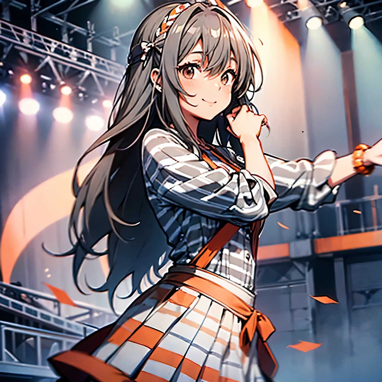 j pop woman wearing grey shirt with grey orange and white stripes, dancing happy, on a stage, anime style, intricated details, 8k