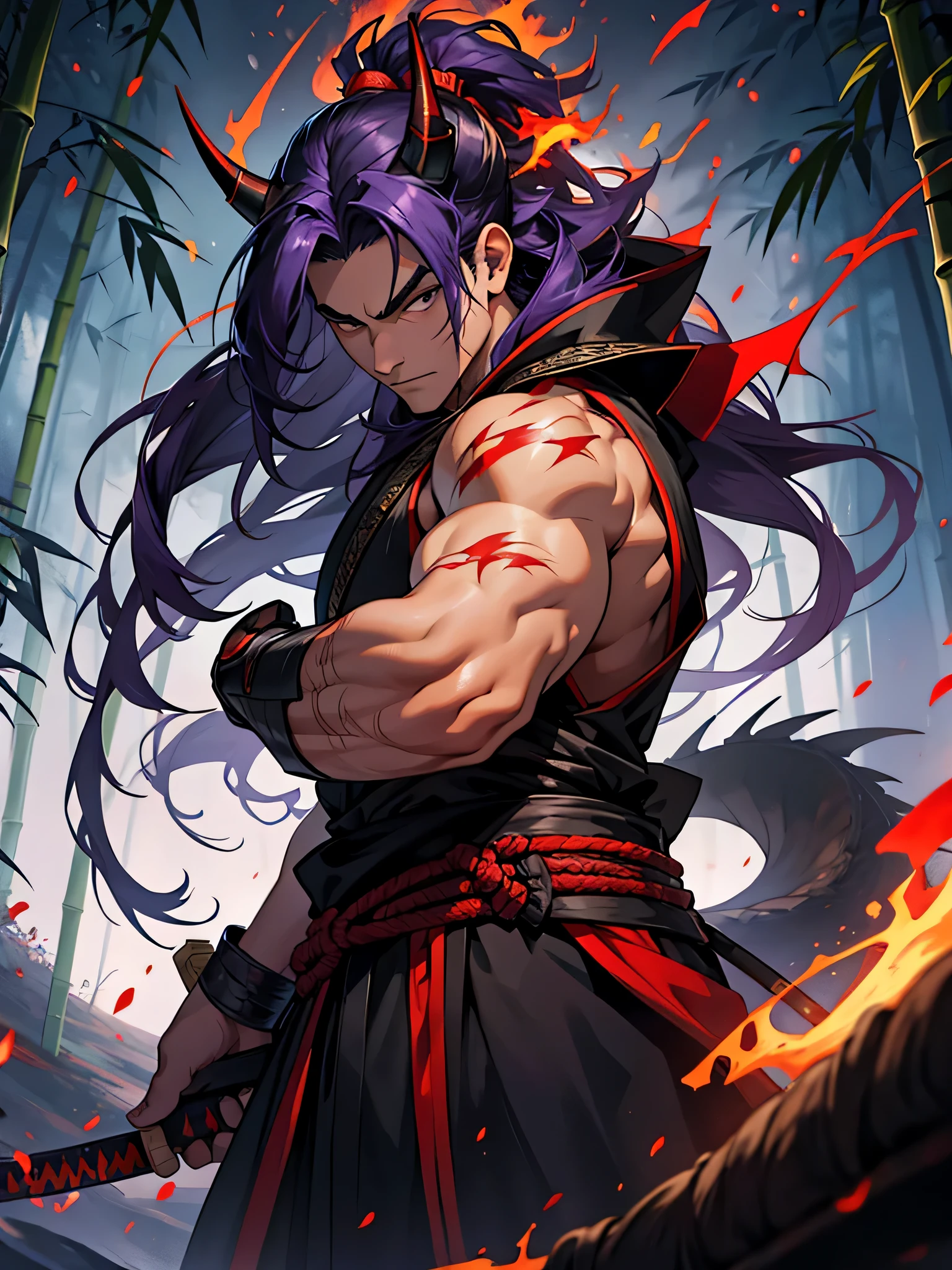 Illustration of a standing Samurai, he is wearing black and red Japanese armor, he has long purple hair, his eyebrows are thin, he has dragon horns on his head, his has a old sword cut scar　on his nose, the background is a bamboo forest, the ground is burning, the time is night, the background is dark, one big moon, there is no one else but him.