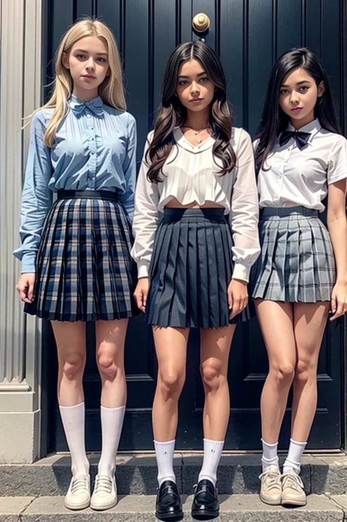 A group of three Europeans little girls, three European 13 years old girls, hanging out in a courtyard, high school uniforms, (all girls have the same uniform: 1.8), (one girl has blonde hair & another has black hair: 1.1), gray , (pleated skirt: 2), (gray skirt: 1.3), (white blouse: 1.25), gray vest, white button up, knee highs, white shirt, loafers, realistic, long hair, slim body, , natural lips, socks, bowtie, skirt, jk bow, can see a little chest through blouse, black loafers, full body shot, standing back, 8k, high detailed, maximum quality,