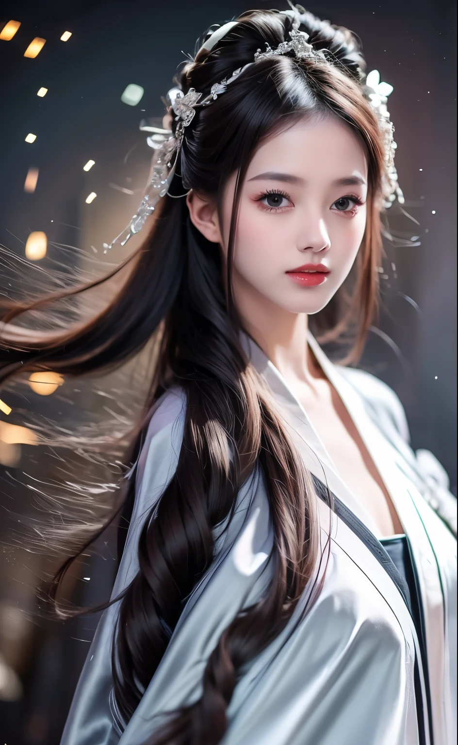 ((best quality, 8K, masterpiece: 1.3)), Key Points: 1.2, perfect body beautiful: 1.4, Hips: 1.2, ((Layered Hairstyle)), (Wet clothes: 1.1), (rain, street:1.3), (breast: 1.2), (hanfu: 1.2), Bare shoulders, Bare legs, Highly detailed face and skin textures, Fine Eyes, Double eyelids, Whitening of the skin, Long hair, (shut up: 1.5), (Bokeh background: 1.5), Big breast