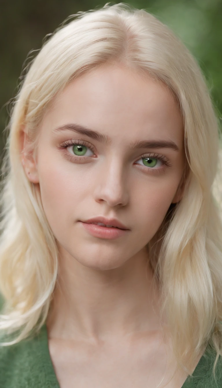 A realistic photo shot of a head face , 19 year old girl who has light yellow hair and bright green eyes. Her look could, should be a beauty of Somalia Actress.