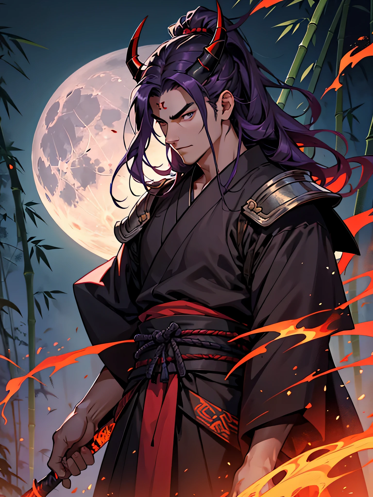 Illustration of a standing Samurai, he is wearing black and red Japanese armor, he has long purple hair, his eyebrows are thin, he has dragon horns on his head, his nose has cut wound, the background is a bamboo forest, the ground is burning, the time is night, the background is dark, one big moon, there is no one else but him.