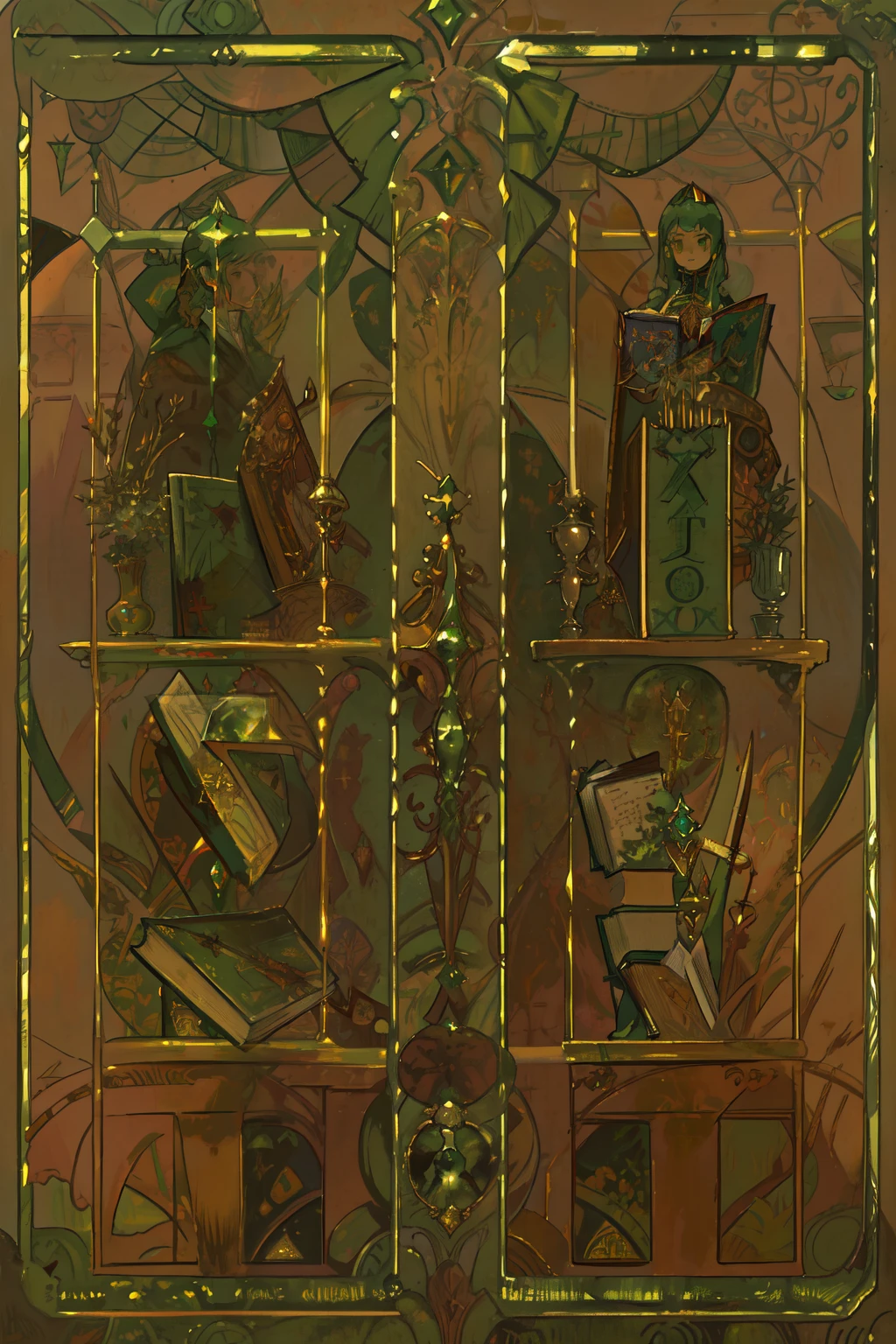 a close up of a book with a green cover and a brown cover, draped with horrors and spines, by Emilio Grau Sala, in the styles of thomas eakins, inspired by Emilio Grau Sala, the emerald herald in the garden, by Philip Absolon, nicola salvior, finely illustrated, edward weston and gustave doré, detailed book illustration