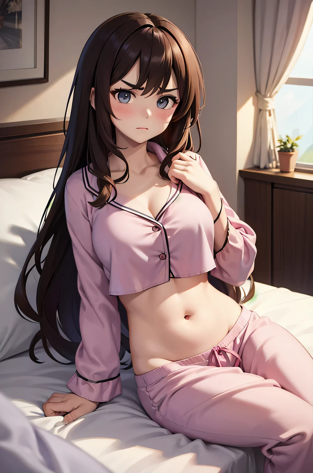 super fine illustration, vibrant colors, masterpiece, sharp focus, best quality, depth of field, cinematic lighting, ultra detailed, sleeves, crop top, pajamas, button up, pajama pants, drawstring, belly button, wide hips, 1 woman, home, solo, milf, very messy hair, brown hair, long hair, slender, blush, room, indoors, annoyed, v-shaped eyebrows, Adultification, mature female, tall woman, lying on side