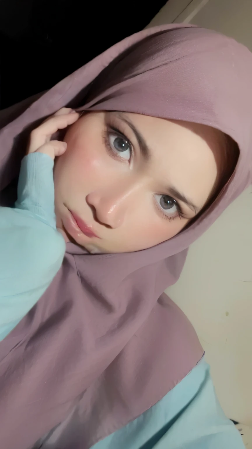 there is a woman wearing a hijab and a blue shirt, close up potrait, inspired by Naza, potrait, hijab, protrait, with accurate face, old picture, desaturated!!, picture, with kind face, faridah malik, inspired by Shaddy Safadi, face picture, slight glow, from 8 k matte, desaturated!, clean face