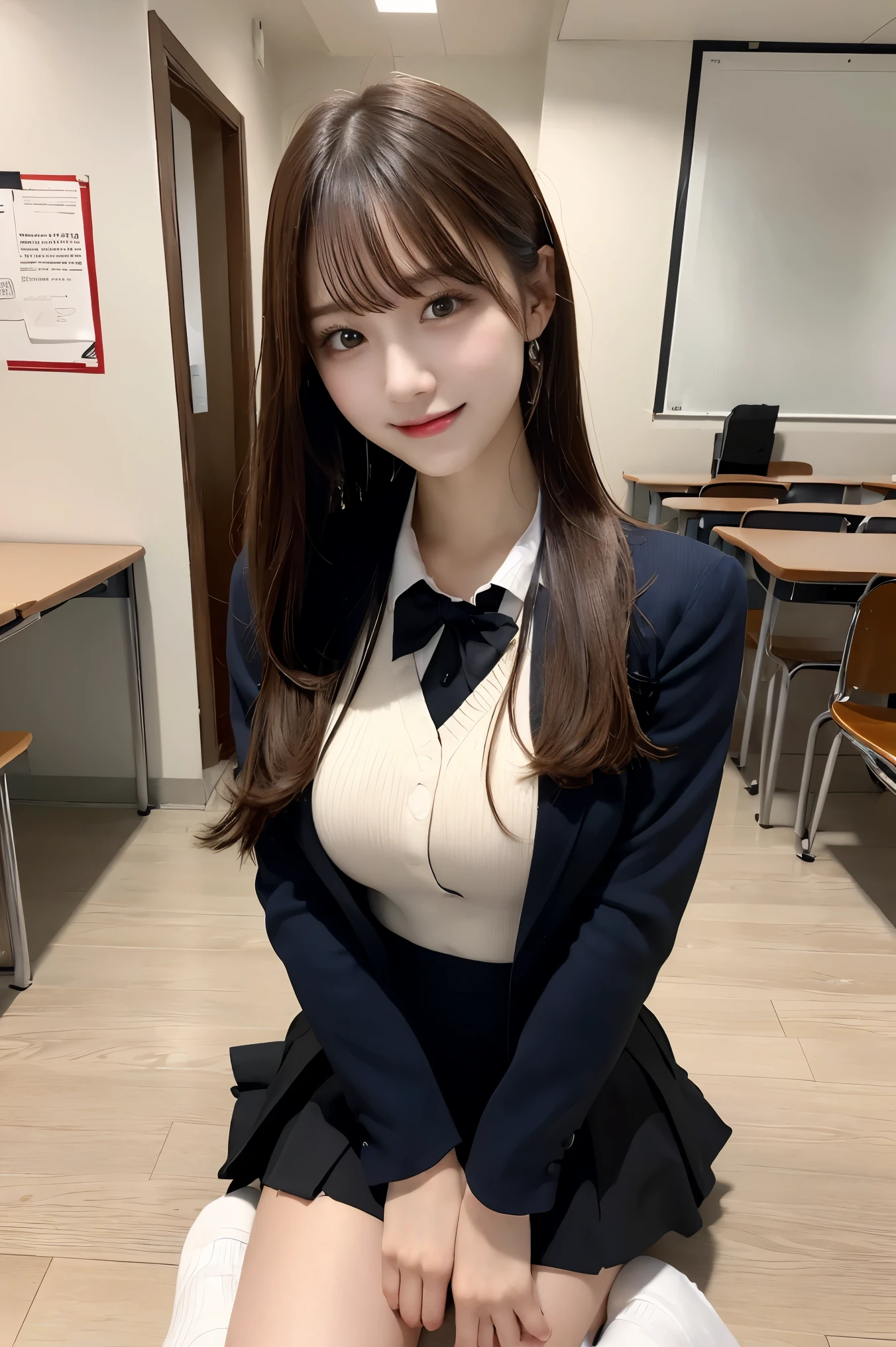 Tabletop, highest quality, figure, Very detailed, In detail, High resolution, 8k wallpaper, Perfect dynamic composition, Beautiful fine details, ,Medium Hair, Big Breasts, Natural color lip, Random sexy poses,smile、20-year-old girl、 After school classes、 High School Giller Suit、mini skirt、loose socks、