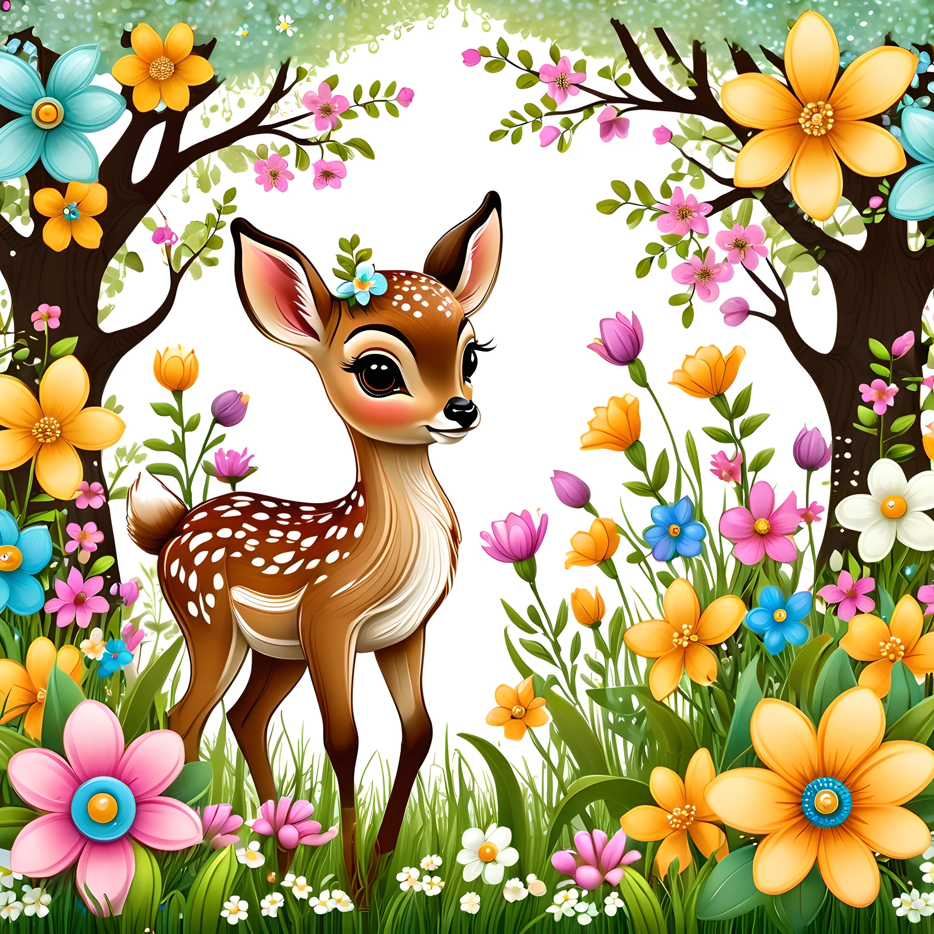  cartoon style cute fawn with whimsical spring flowers, intricate details, whimsical, magical, best quality, masterpiece 