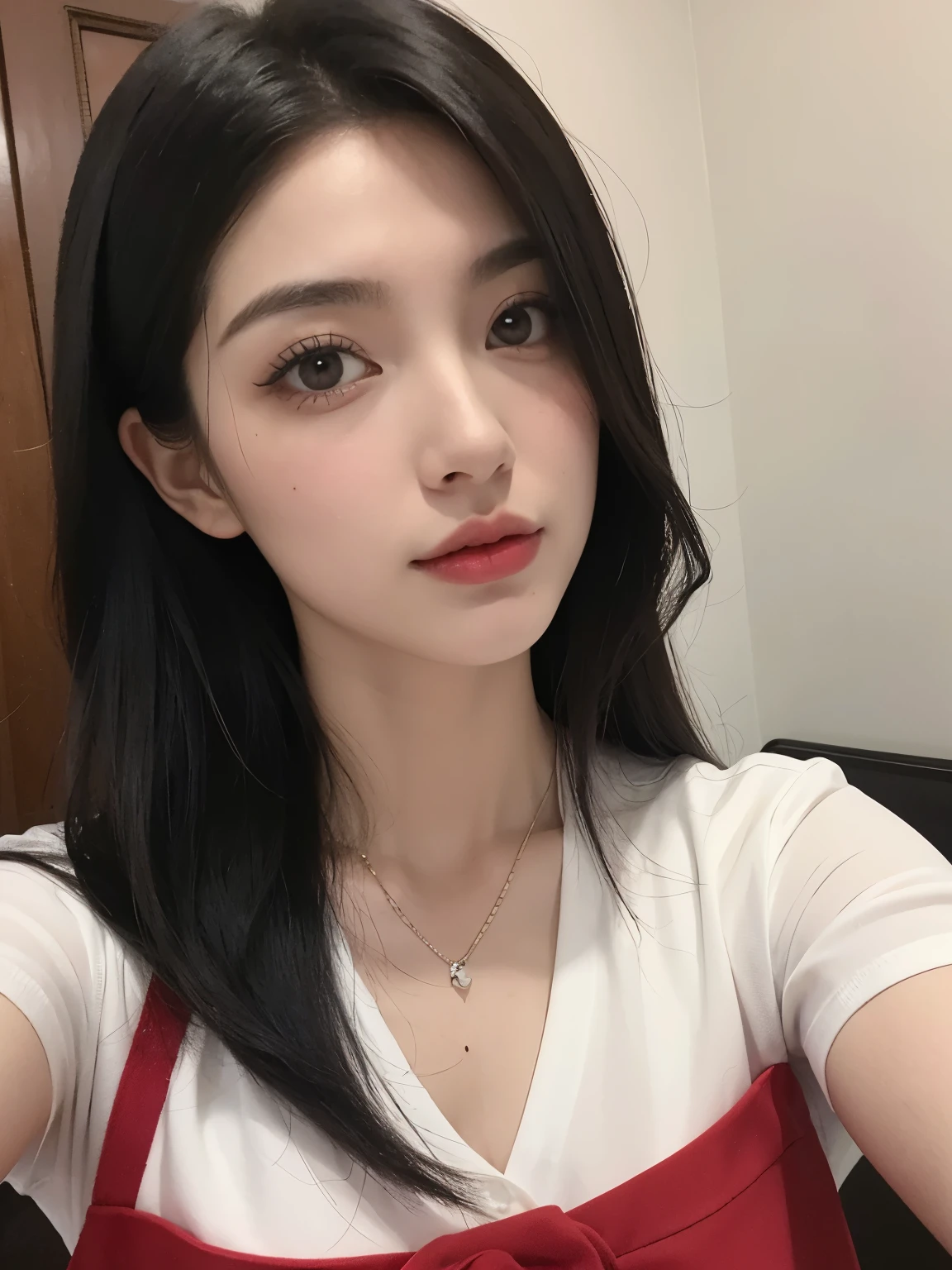 Kim jennie con el cabello negro oscuro, con rulos en las puntas del cabello negro oscuro, con un ganchito de estrella en el cabello negro oscuro, ojos de color claro, ojos bonitos, ojos llorosos, nariz bonita y respingada, labios bonitos, labios rosas, heart and cupid shaped lip, piel bonita, pale, piel blanca, con lunares y pecas en todo el rostro, rubor rosa suave en las mejilla, rubor rosa natural, maquillaje suave y rosa, jennie, cuellos bonito, cuello marcado, frown, mirada enojada, con un collar de beso, un collar bonito de beso, mientras tiene un traje de Yumeko Jabami, cospaly de Yumeko Jabami, mientras tiene una camisa blanca, con tiene un traje de color rojo encima de su camisa blanca, apretado a su cuerpo, con una falta negra corta mientras tiene el abdomen desnudo, delgado, marcado y bonito, (pechos grandes, pechos suaves, pechos bonitos, pechos naturales), mientras esta haciendo cospaly del personaje Yumeko Jabami, del anime Kakegurui, mirando a la camara, autofoto, selfie bonita