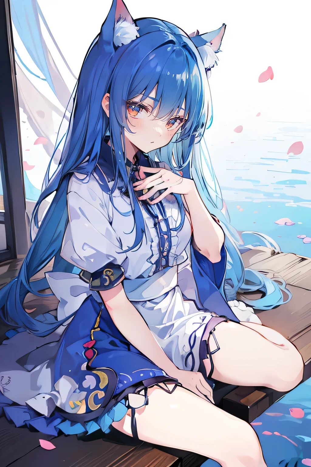 (masterpiece:1.2),ultra-detailed,realistic,expressive eyes,fair-skinned,perfectly shaped face,1girl,
Japanese cartoons,Gorgeous blue hair, flowing blue hair,floating clothes,cat ears,petals falling,beautiful Lola,Hina Angel,
hands on waist,gracefully sitting on the ground,legs crossed,gentle and serene background,cool and comfortable pavilion.