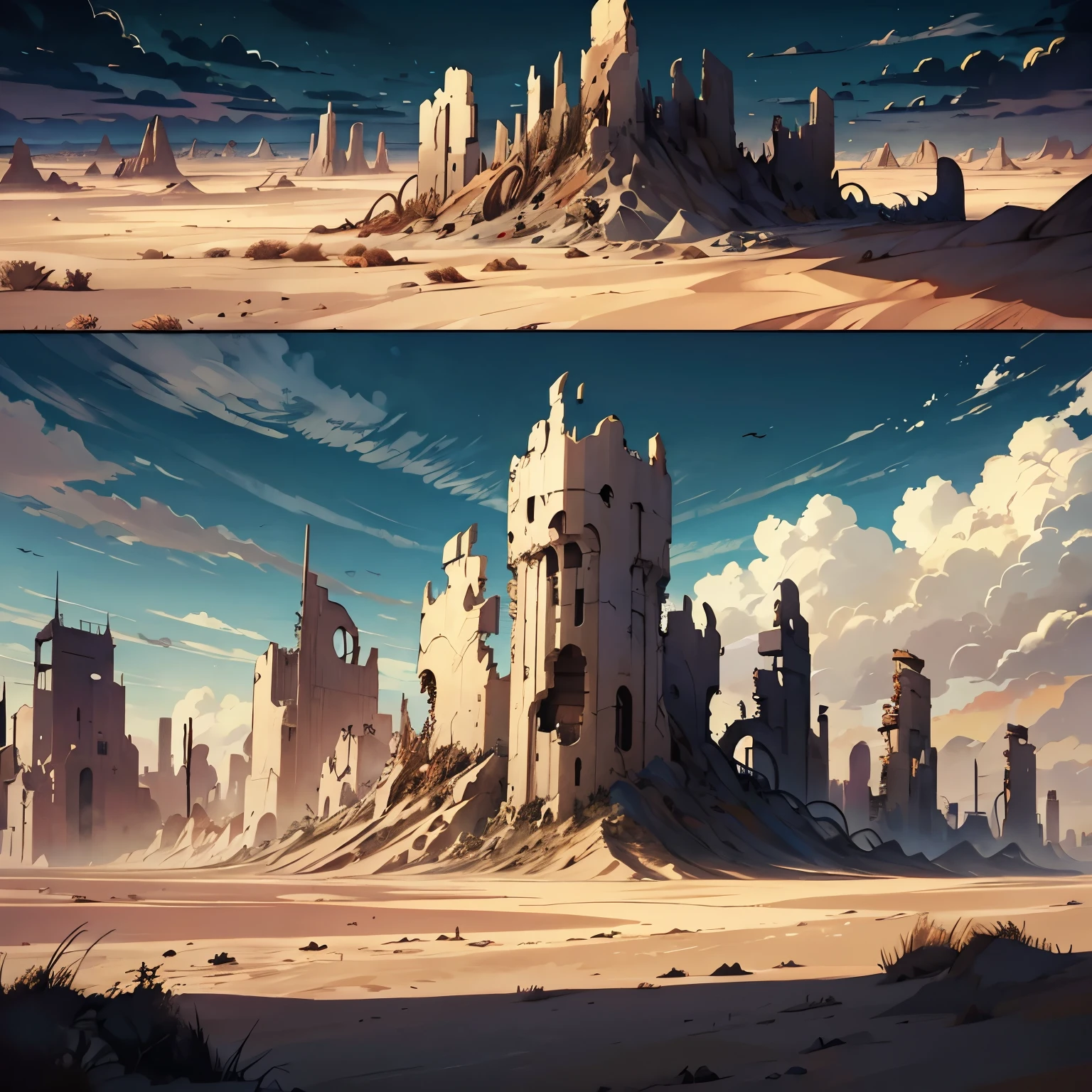 nuvens de areia, polluted sky, closed sky, dark clouds and arid desert, post-apocalyptic world, estilo desenho anime, Broad vision, ao longe estruturas desmoronadas, chaos and destruction, horizontal view, e galhos quebrados em primeiro plano.