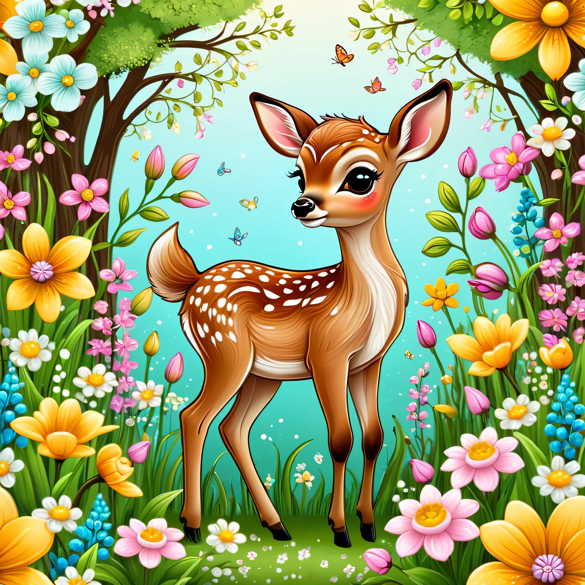  cartoon style cute fawn with whimsical spring flowers, intricate details, whimsical, magical, best quality, masterpiece 