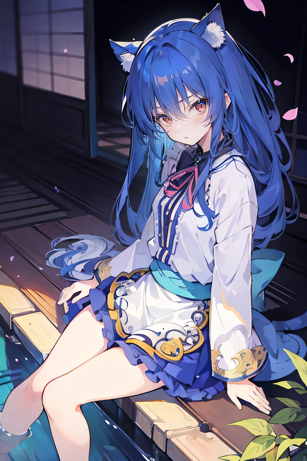 (masterpiece:1.2),ultra-detailed,realistic,expressive eyes,fair-skinned,perfectly shaped face,1girl,
Japanese cartoons,Gorgeous blue hair, flowing blue hair,floating clothes,cat ears,petals falling,beautiful Lola,Hina Angel,
hands on waist,gracefully sitting on the ground,legs crossed,gentle and serene background,cool and comfortable pavilion.