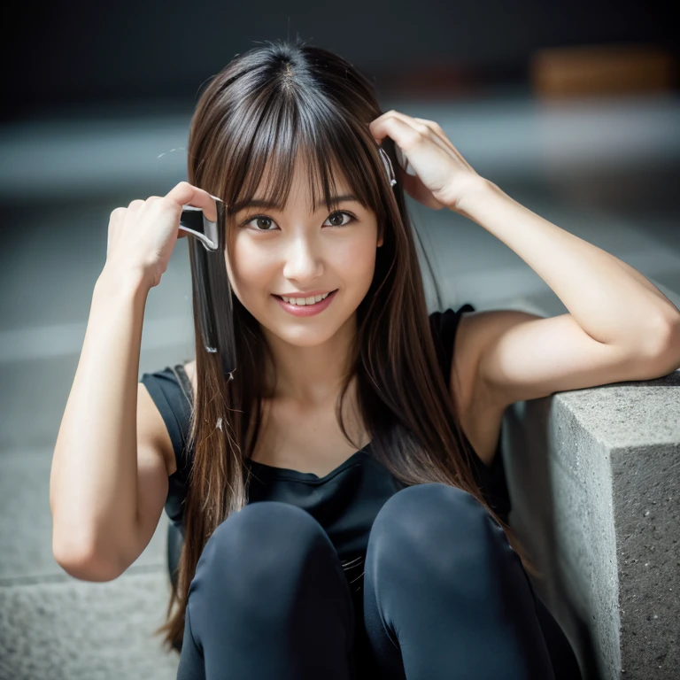 (Shooting from head to thigh:1.8), (Ultra-realistic), (figure), (High resolution), (8k), (Very detailed), (Best figure), (Beautiful and detailed), (highest quality), (Super detailed), (masterpiece), (wallpaper), (Detailed face), alone, One Girl, big, Audience, The finer details, Detailed face, In the Dark, Deep Shadow, Modest, Smile, Long Hair, Black shawl straight hair, bangs, Small yoga wear, Basement concrete wall,