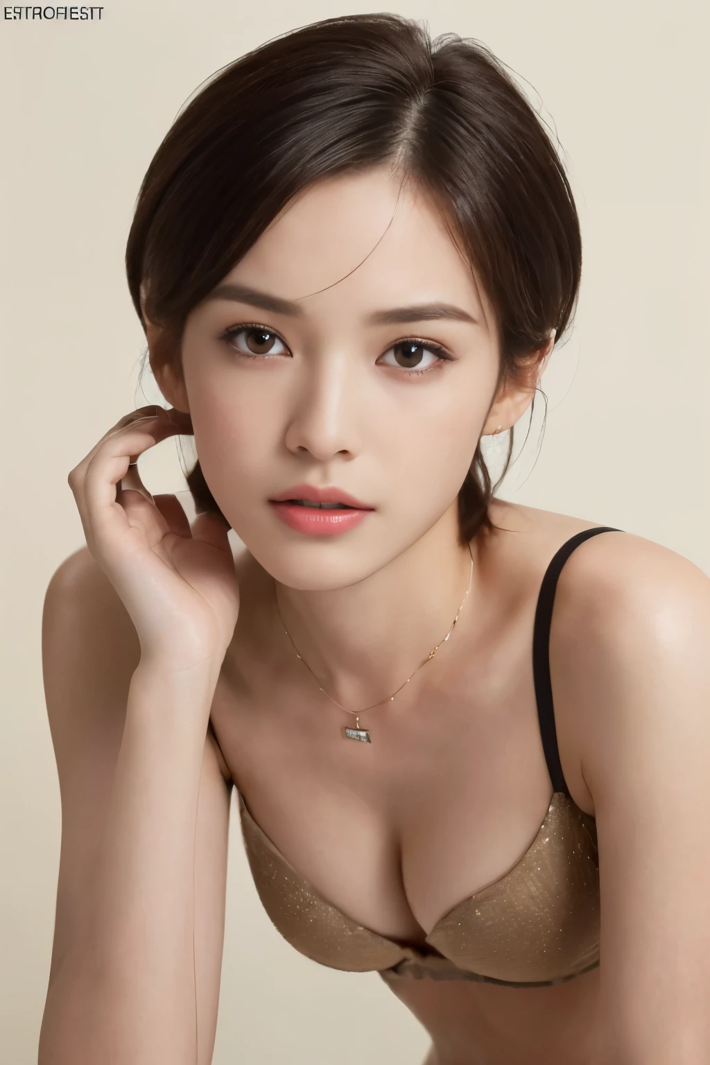 ((top-quality、8K、​masterpiece: 1.erfect Body Beauty: 1.4、Slender Abs: 1.2、Beautiful woman with slender abs:1.3、(Highlight Haircutreast B Cup:1.2), medium breast, round shape breast, perfect shape breast, ( portrait photography, studio light, ),   suit and nude smooth fabric bra, necklace, headphone, hyperdetailed face、18year old、 Pretty women、(Dark brown short-cut hair), Slim Face、Highly detailed facial and skin texture、very detailed lips、opens legs、top-quality、​masterpiece、超A high resolution、(Photorealsitic:1.4), walked forward confidently, long shot , solid color background