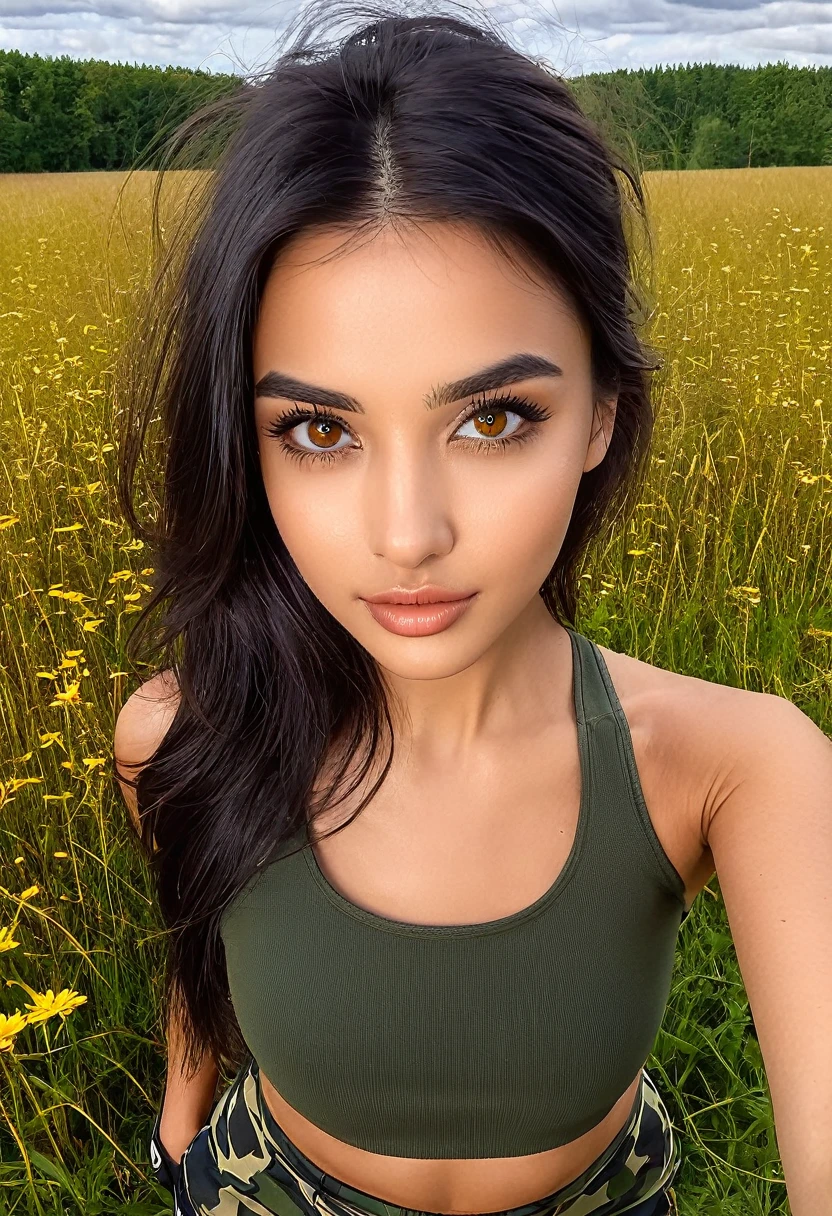  beautiful model posing, Dunkles, glattes Haar, brown eyes – 21 years, sportliche breite Figur, large  , Hunter eyes, selfie Outside on a meadow