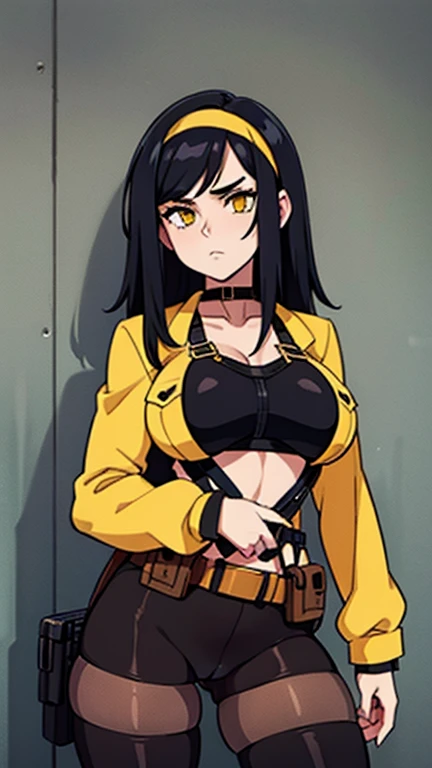 (((Cabelo longo))) black hair yellow eyes pale skin muscular girl huge breasts jacket, holster, gun holster, bondage gear, choker, headband, pantyhose, harness