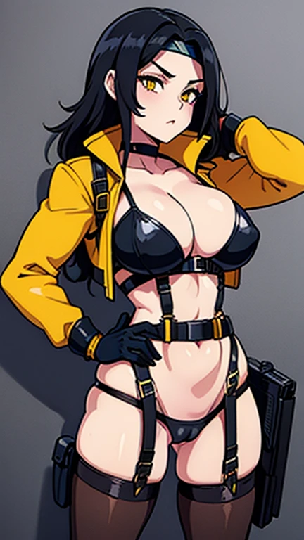 (((Cabelo longo))) black hair yellow eyes pale skin muscular girl huge breasts jacket, holster, gun holster, bondage gear, choker, headband, pantyhose, harness