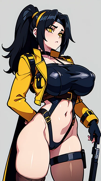 (((Cabelo longo))) black hair yellow eyes pale skin muscular girl huge breasts jacket, holster, gun holster, bondage gear, choker, headband, pantyhose, harness