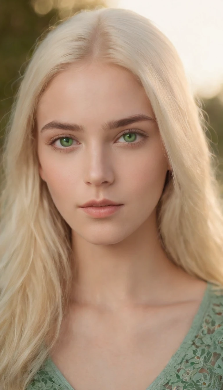 A realistic photo shot of a head face , 19 year old girl who has light yellow hair and bright green eyes. Her look could, should be a beauty of Mauritania Actress.