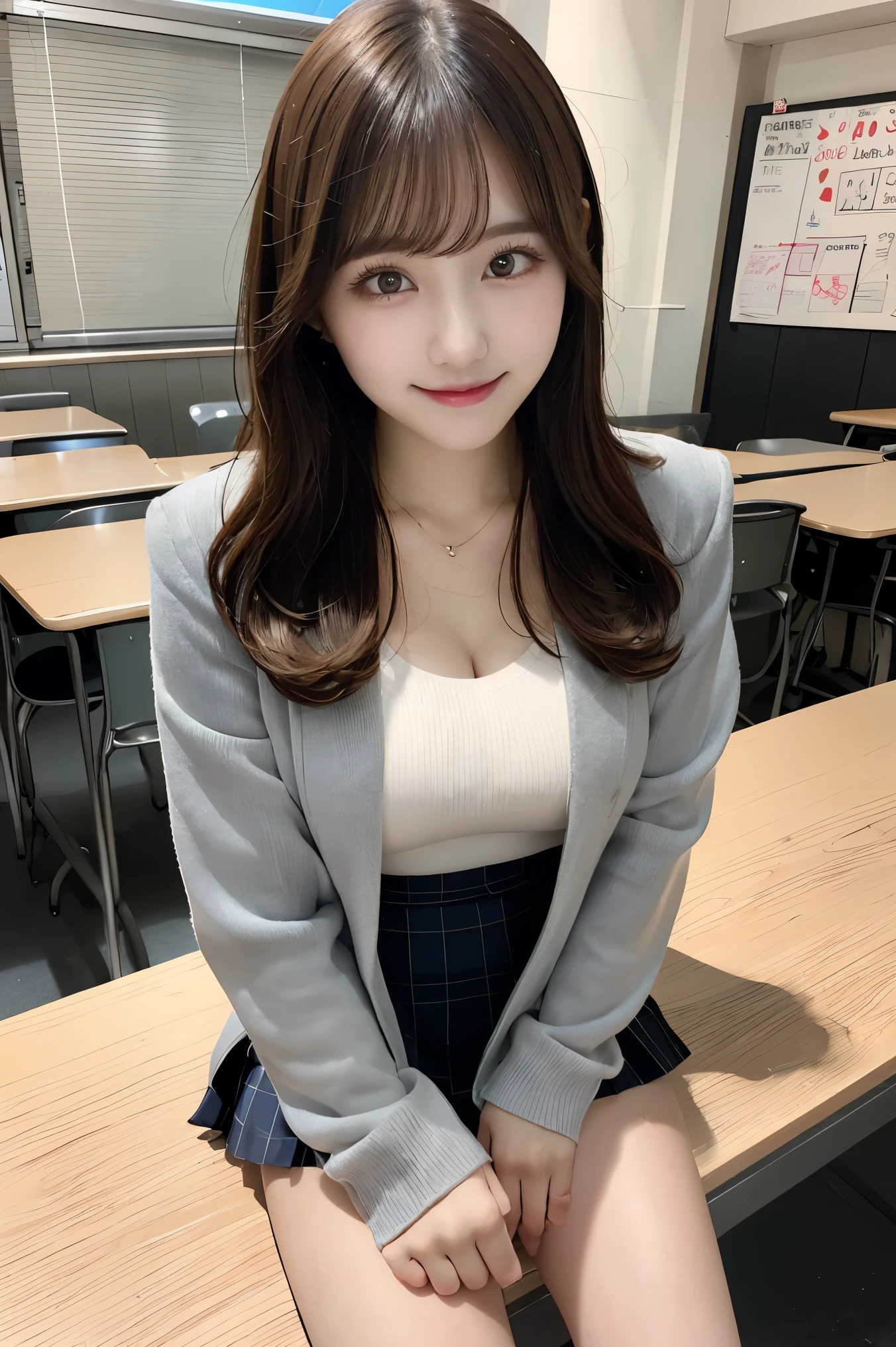 Tabletop, highest quality, figure, Very detailed, In detail, High resolution, 8k wallpaper, Perfect dynamic composition, Beautiful fine details, ,Medium Hair, Big Breasts, Natural color lip, Random sexy poses,smile、20-year-old girl、　After school classes、　High School Giller Suit、mini skirt、loose socks、