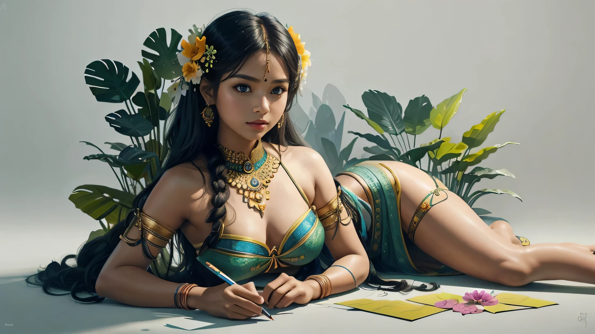 This photo shows、It combines the body of a breathtakingly beautiful East Indian girl with flowers and leaves.。, Bright colors, High resolution pen and ink sketches, Isometric projection, Hard Edge, high quality, minimalist art, Ultra-high resolution, 4K, 8k、Watching the audience