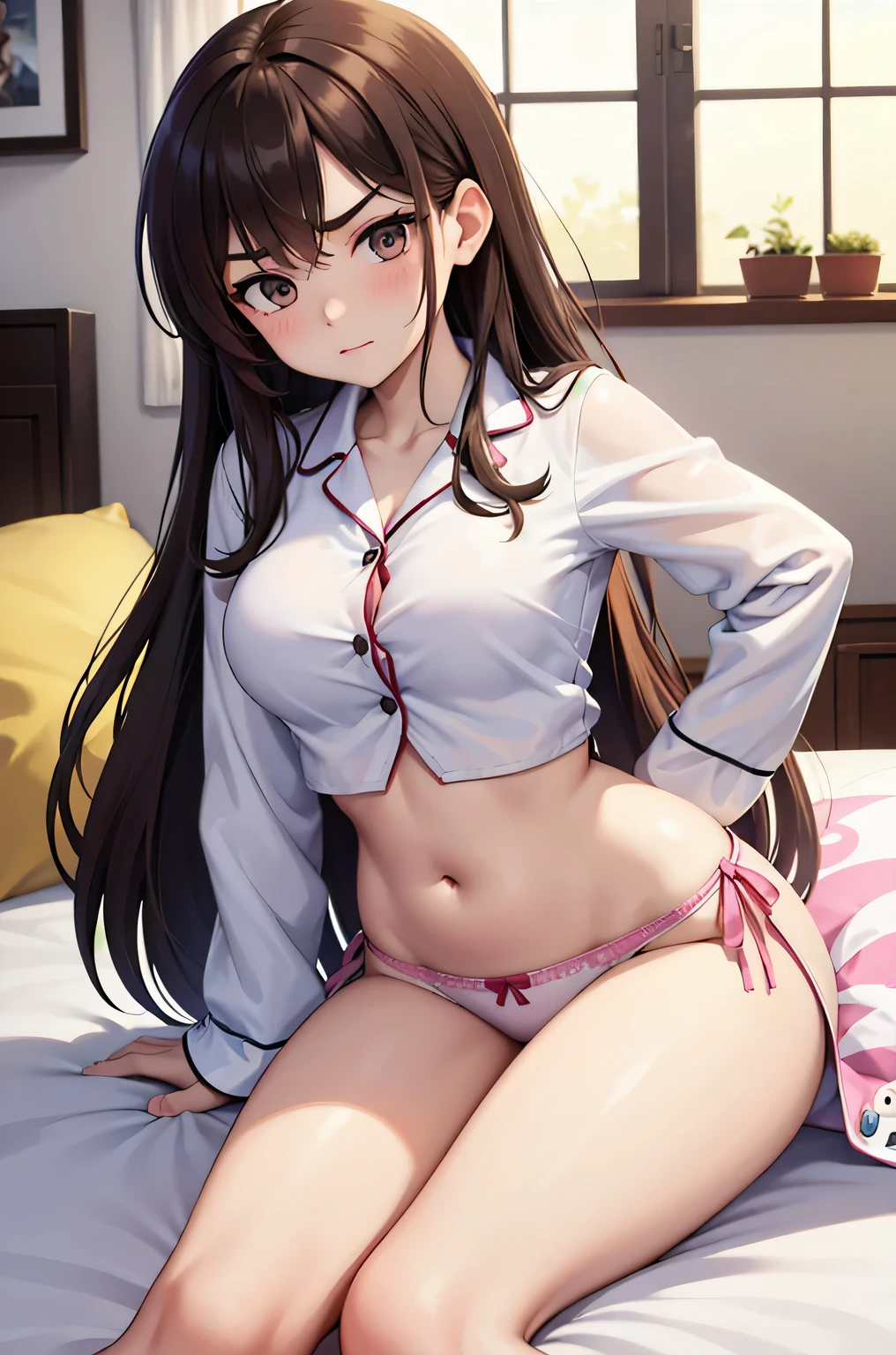 super fine illustration, vibrant colors, masterpiece, sharp focus, best quality, depth of field, cinematic lighting, ultra detailed, sleeves, crop top, pajamas, button up, pajama pants, drawstring, belly button, wide hips, 1 woman, home, solo, milf, very messy hair, brown hair, long hair, slender, blush, room, indoors, annoyed, v-shaped eyebrows, Adultification, mature female, tall woman, lying on side