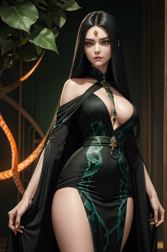 A wonderfull woman looking at us, magestic princess snake face, Very Long Black Hairs((smooth hair)), Wonderfull Eyes(Green | Orange), fin face, tall girl, black thight cloth with long dress, mature woman, perfect body, 8k ultra-detailed features,(Masterpiece, best quality, ultra-detailed)