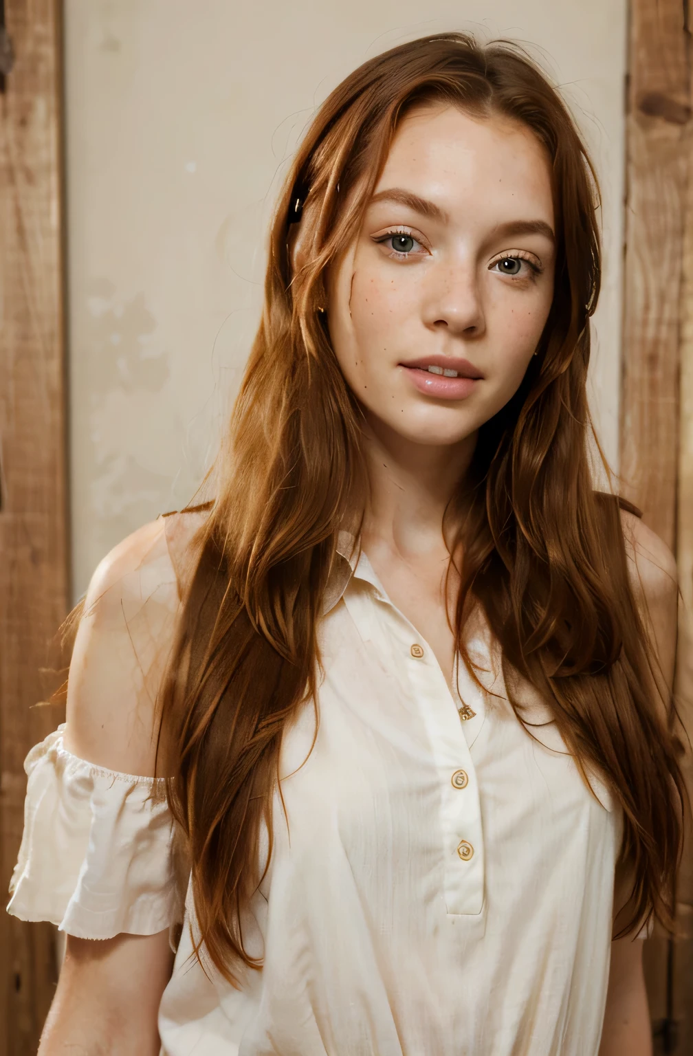 masterpiece, best quality, realistic photo of a girl, long hair, ginger freckles