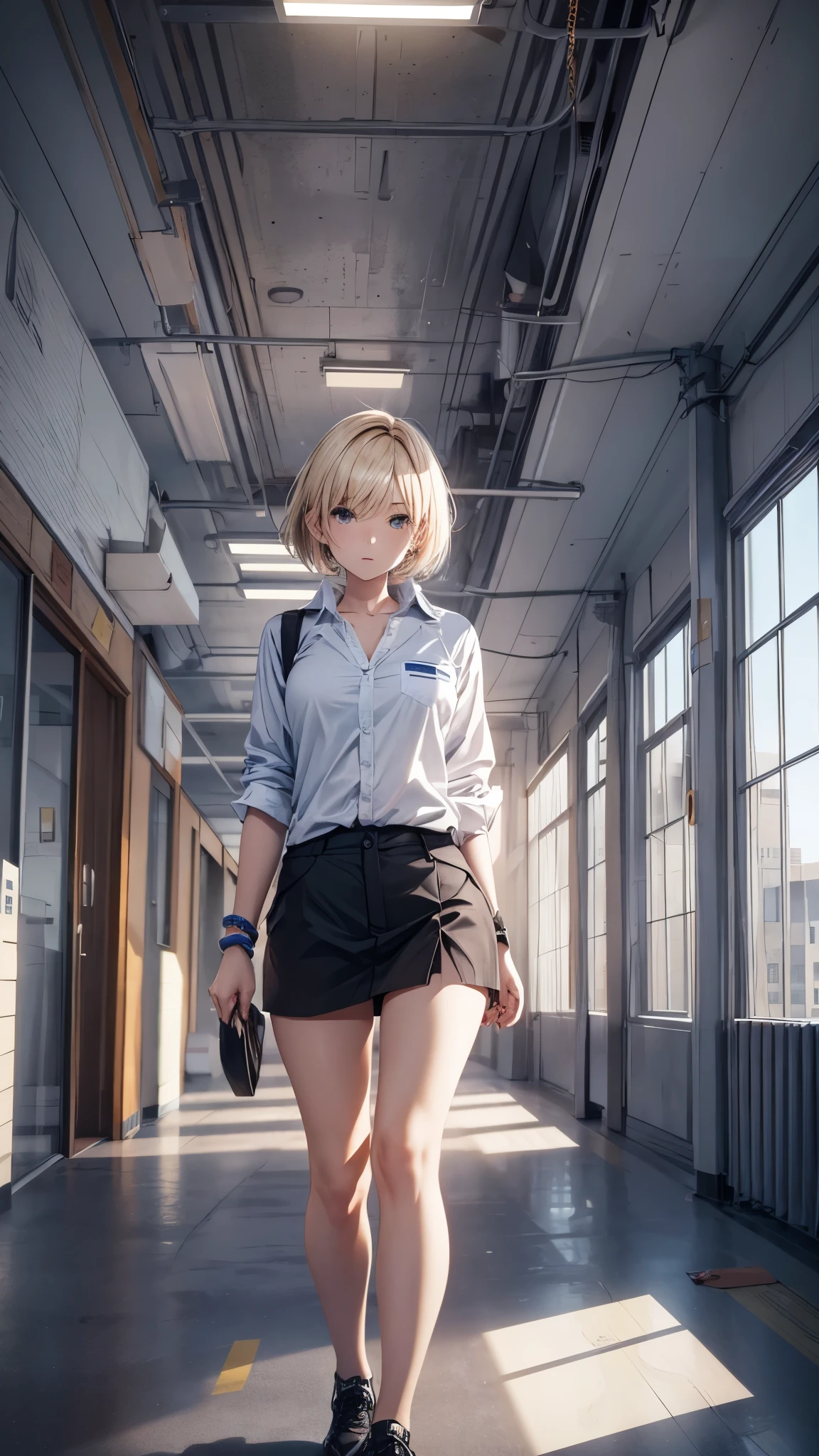 A girl standing alone on a empty office,ruin office,there is nobody in the office,A woman in her 20s with short blonde hair,(woman close up)