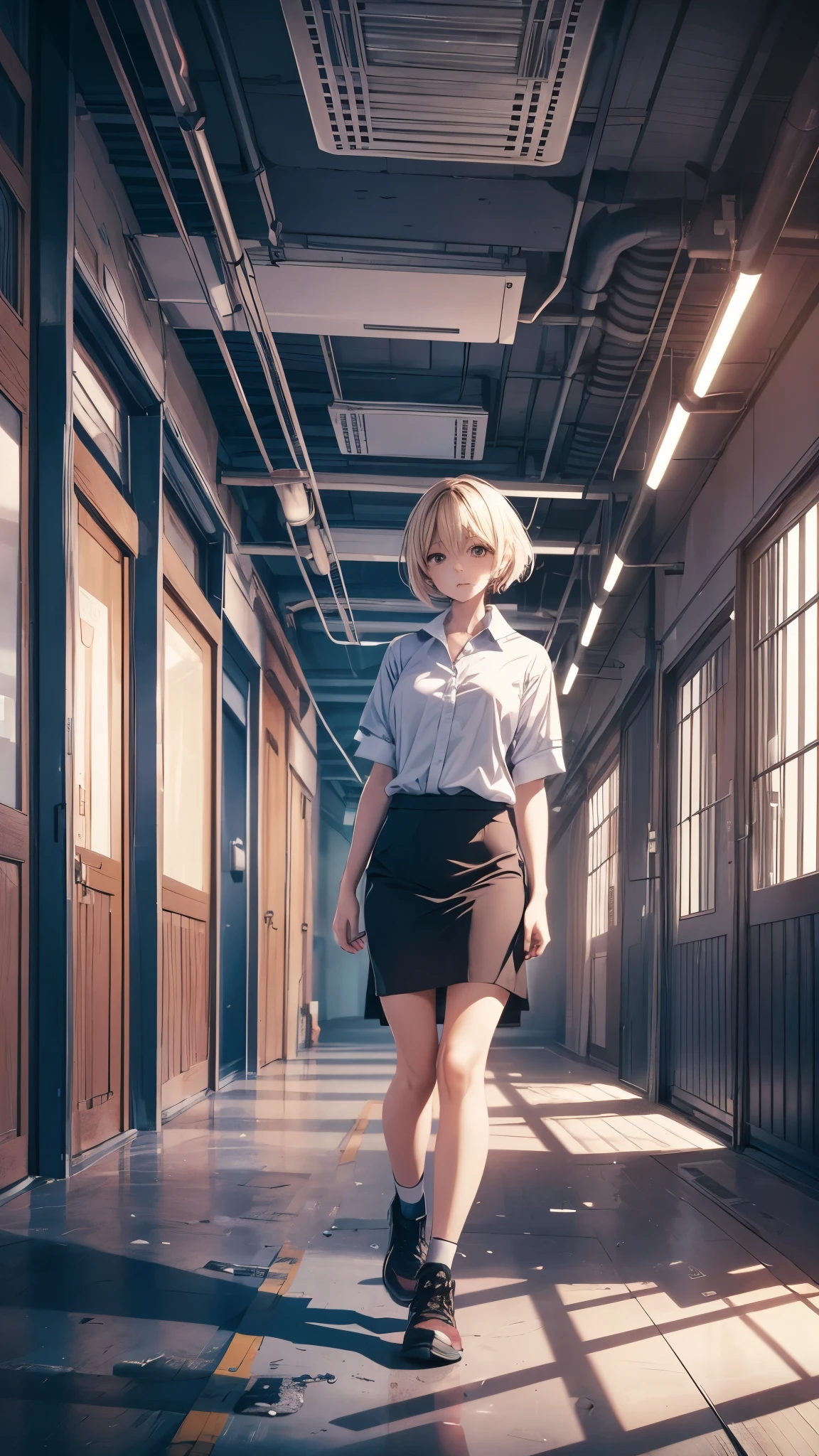 A girl standing alone on a empty office,ruin office,there is nobody in the office,A woman in her 20s with short blonde hair,(woman close up)