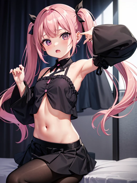 highest quality、In a dark room、bedroom、10th Generation、One girl、Brat、Pink Hair、Twin tails、bangs、Confused eyes、Double teeth、Black clotheoe sleeves、Exposing shoulders、Belly button、Black Mini Skirt、Black Pantyhose